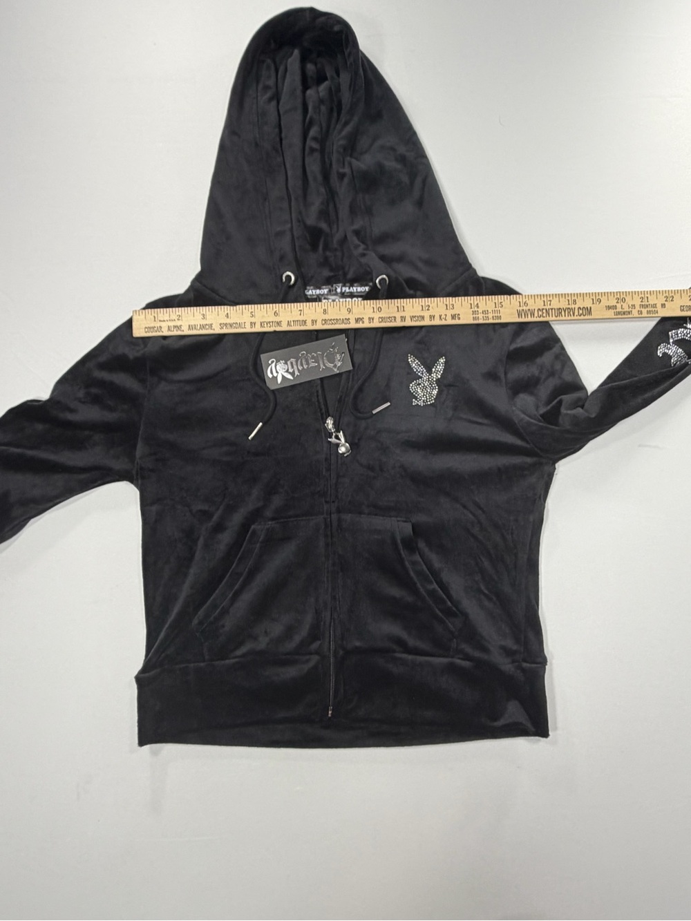 NWT Playboy Velour Hoodie Black Women’s S Rhinestone Y2K Full Zip - Picture 7 of 9